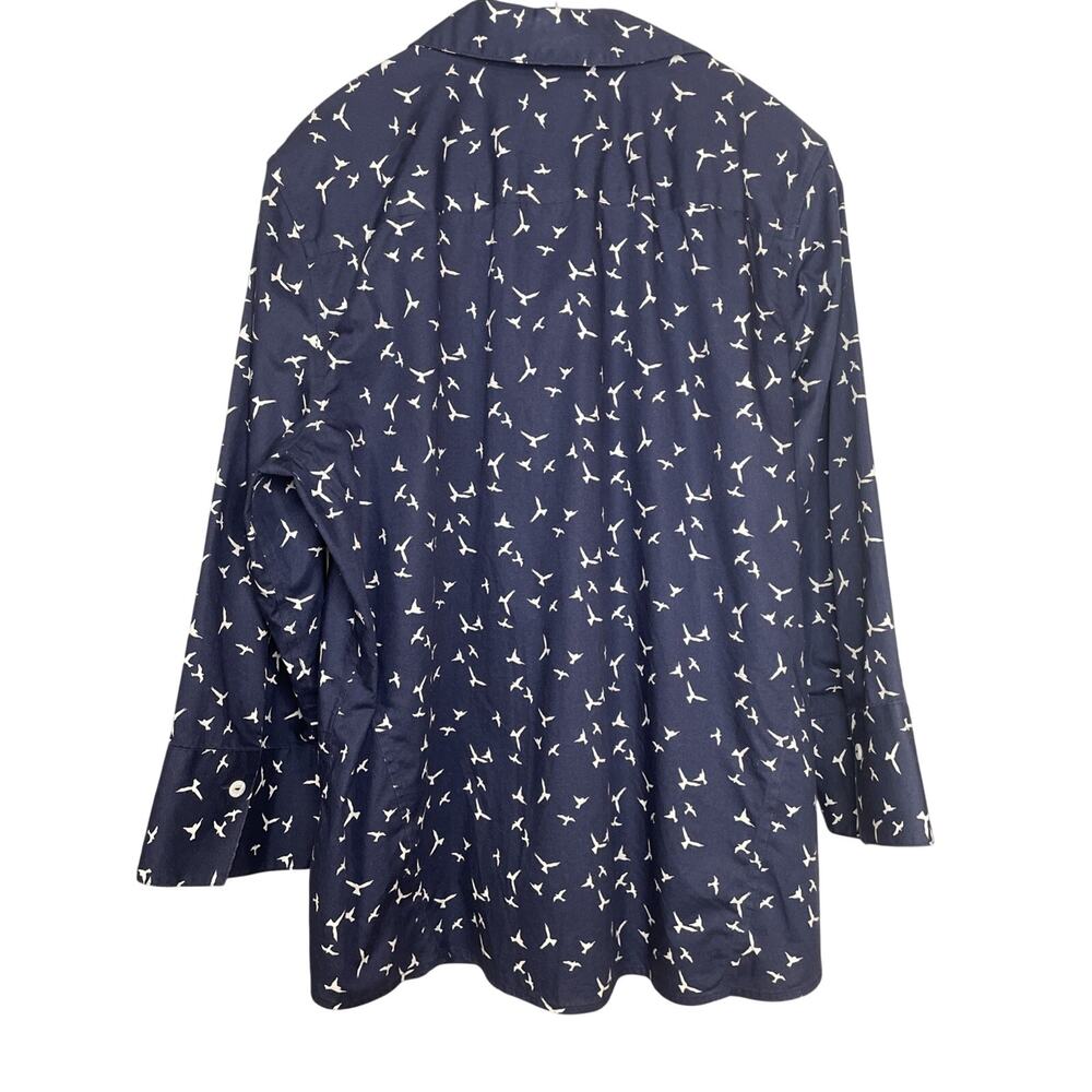 FOXCROFT NYC Easy Care - Size Large Button-up Top - Navy w/White Bird Pattern - Picture 3 of 5